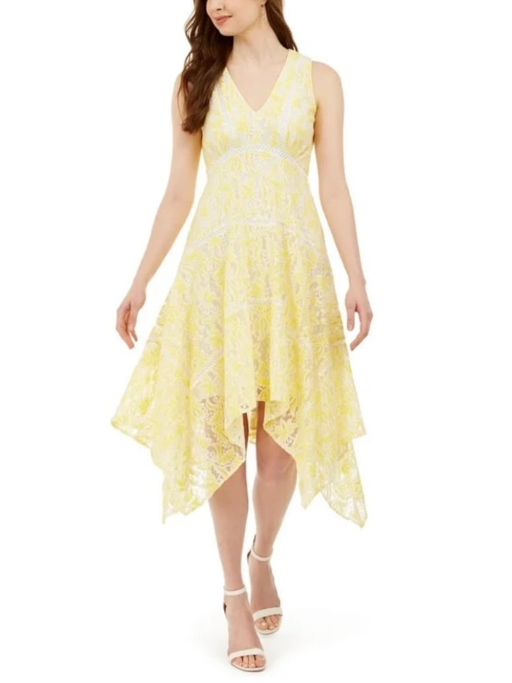 Taylor Yellow Lace Midi Dress V Neck Handkerchief Hem A Line Size 14
